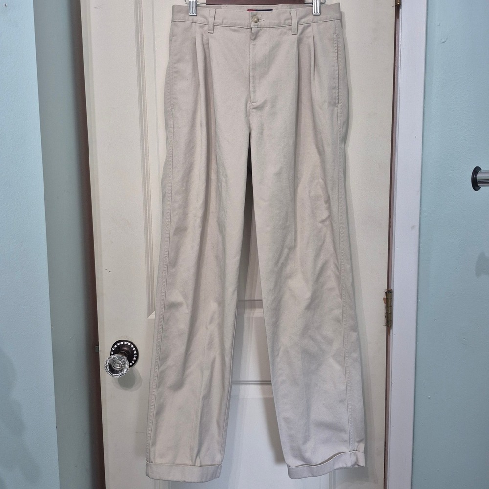 Chaps Mens Pleated Chino Pants Beige Khaki 100% Cotton Cuffed 32x34 Classic Fit